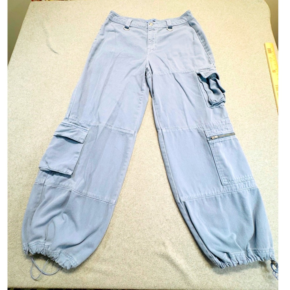 Forever 21 Premium Cargo‎ Pants Womens 31 Light Blue Wide Leg Y2K Bungee Cuffs